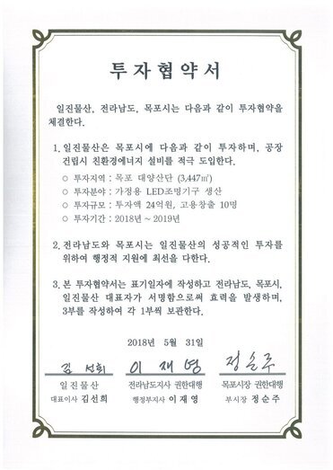 투자협약서
일진물산, 전라남도, 목포시는 다음과 같이 투자협약을 체결한다.
1. 일진물산은 목포시에 다음과 같이 투자하며, 공장 건립시 친환경에너지 설비를 적극 도입한다.
o 투자지역 : 목포 대양산단 (3,447m)
0 투자분야 : 가정용 LED조명기구 생산
0 투자규모 : 투자액 24억원, 고용창출 10명
0 투자기간 : 2018년 ~ 2019년
2. 전라남도와 목포시는 일진물산의 성공적인 투자를 위하여 행정적 지원에 최선을 다한다.
3. 본 투자협약서는 표기일자에 작성하고 전라남도, 목포시, 일진물산 대표자가 서명함으로써 효력을 발생하며, 3부를 작성하여 각 1부씩 보관한다.
2018년 5월 31일
일진물산 대표이사 김선희
전라남도지사 권한대행 행정부지사 이재영
목포시장 권한대행 부시장 정순주