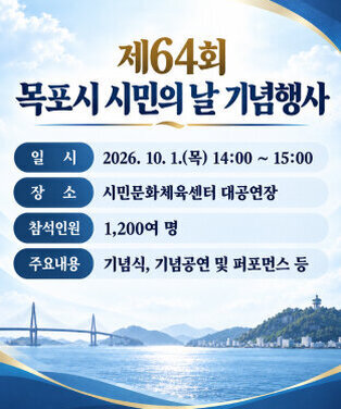 제64회 목포시 시민의 날 기념행사 일 시 2026. 10. 1.(목) 14:00 ~ 15:00 장 소 시민문화체육센터 대공연장 참석인원 1,200여 명 주요내용 기념식, 기념공연 및 퍼포먼스 등